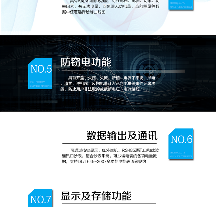 　主要功能
　　电能计量功能
　　可分时计量有功、无功、正向有功、反向有功、正向无功、反向无功电量和四象限无功等电量。
　　最大需量测量功能
　　可测量双向有功、双向无功和四象限无功的最大需量及其发生时间。
　　参数测量监视功能
　　可监测各相电压、电流实时值，三相总及A、B、C各相有功功率、无功功率、功率因数、相角、相位等实时参数。